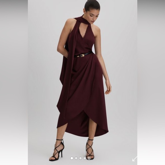 Reiss Tayla Front Wrap Satin Wrap Dress Burgundy SZ 6 NEW - Picture 3 of 8
